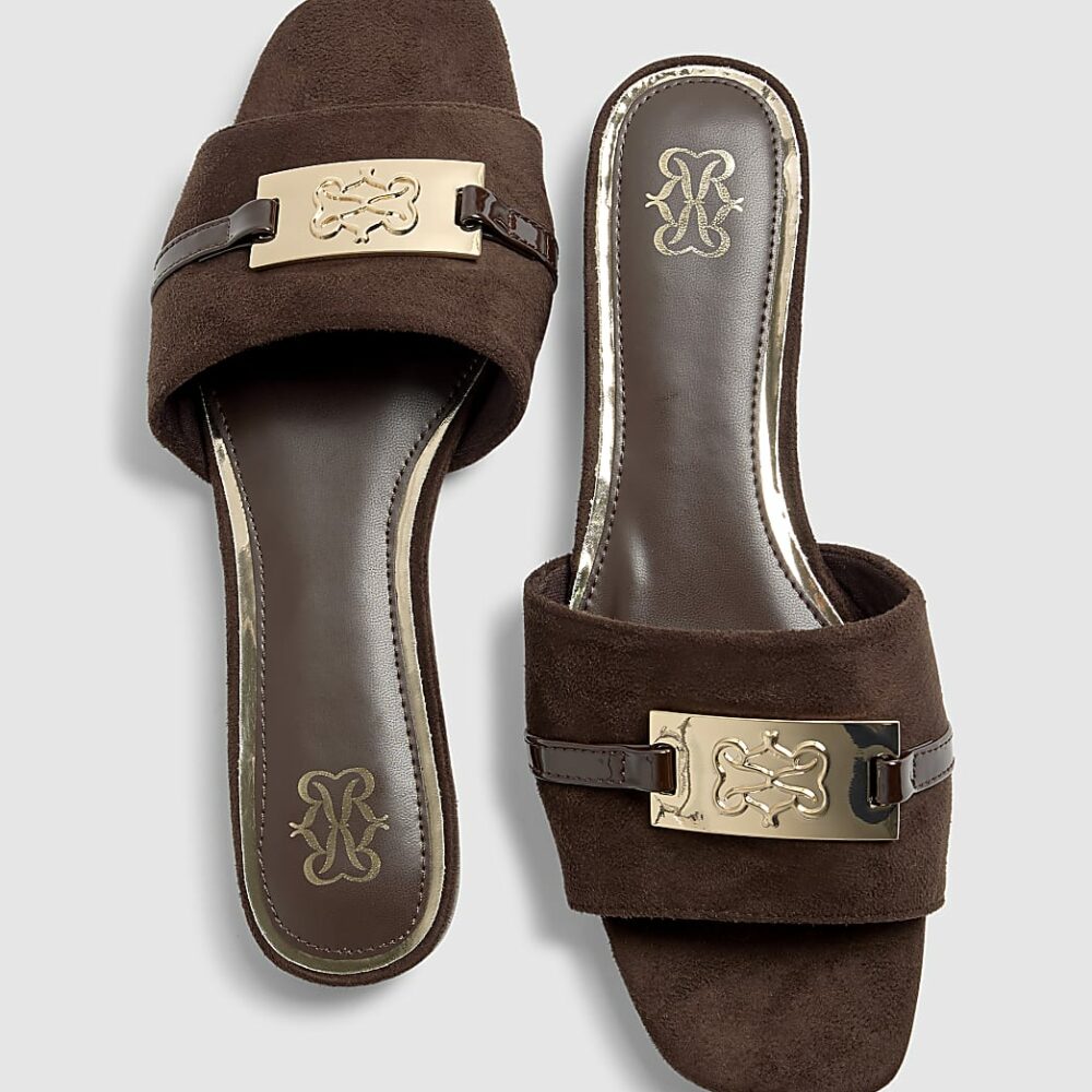 River Island - Brown Faux Suede Branded Flat Mule Sandals