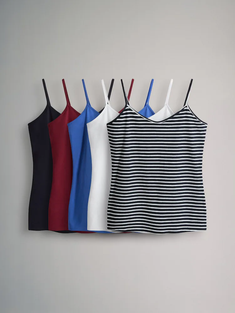 The Set 5 Pack Thin Strap Vest Tops Navy/Red/White/Blue/Stripe
