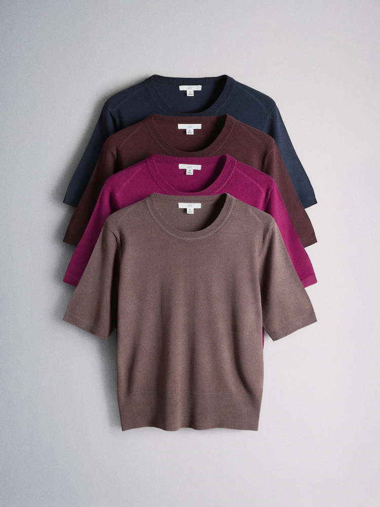 The Set 4 Pack Crew Neck Fine Knit T-shirts Navy Blue/Berry/Mauve/Pink