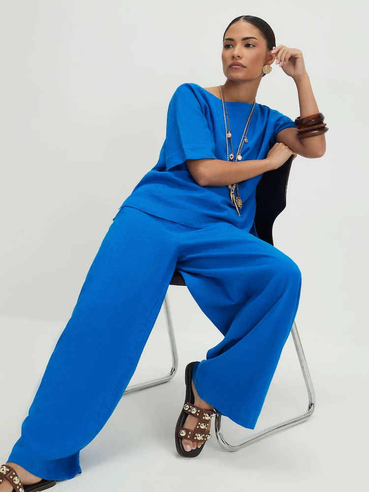 River Island Blue Petite Linen Blend Wide Leg Trousers