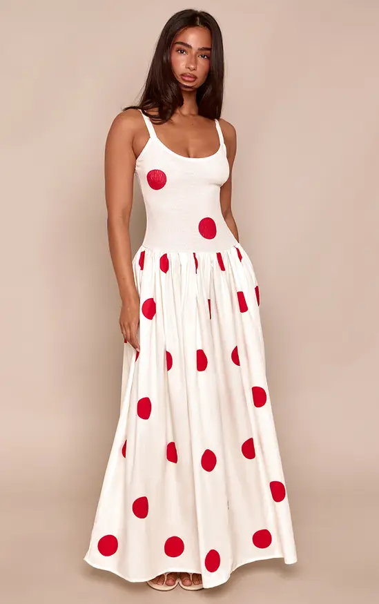 PrettyLittleThing Petite Polka Dot Shirred Drop Waist Maxi Dress