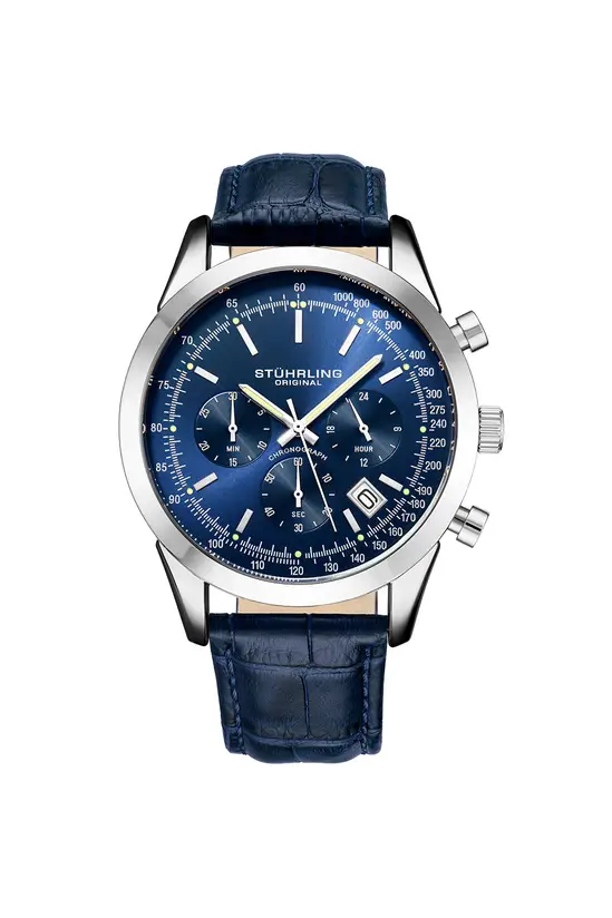 STÜHRLING Original Rialto Chronograph Watch Quartz With Tachymeter 44mm Silver Case Blue Leather Band