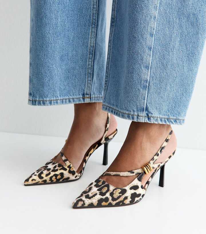 Stone Leopard Print Asymmetric Strap Metal Detail Slingback Court Shoes